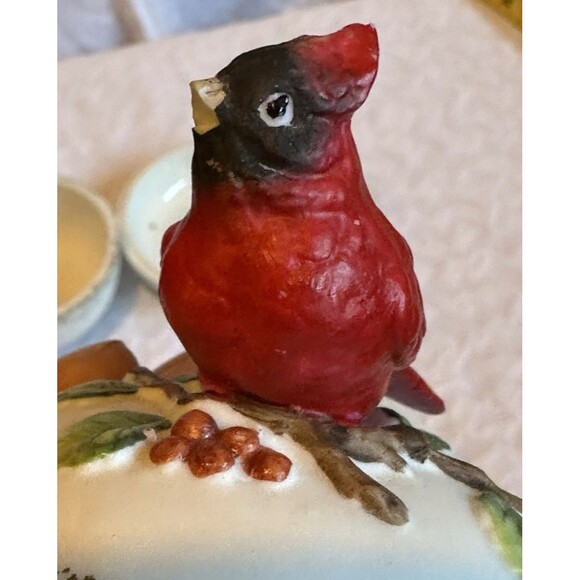 Cardinal red bird figure and poinsettia jewelry box bowls small cute knick knack - Picture 14 of 16